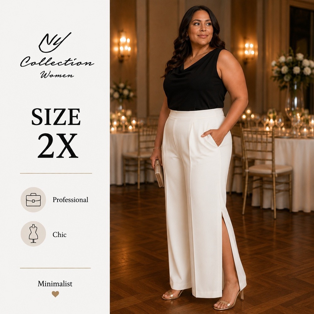 NY Collection Wide Leg Pants Womens 2X White Side‎ Slit Chic Professional Bridal